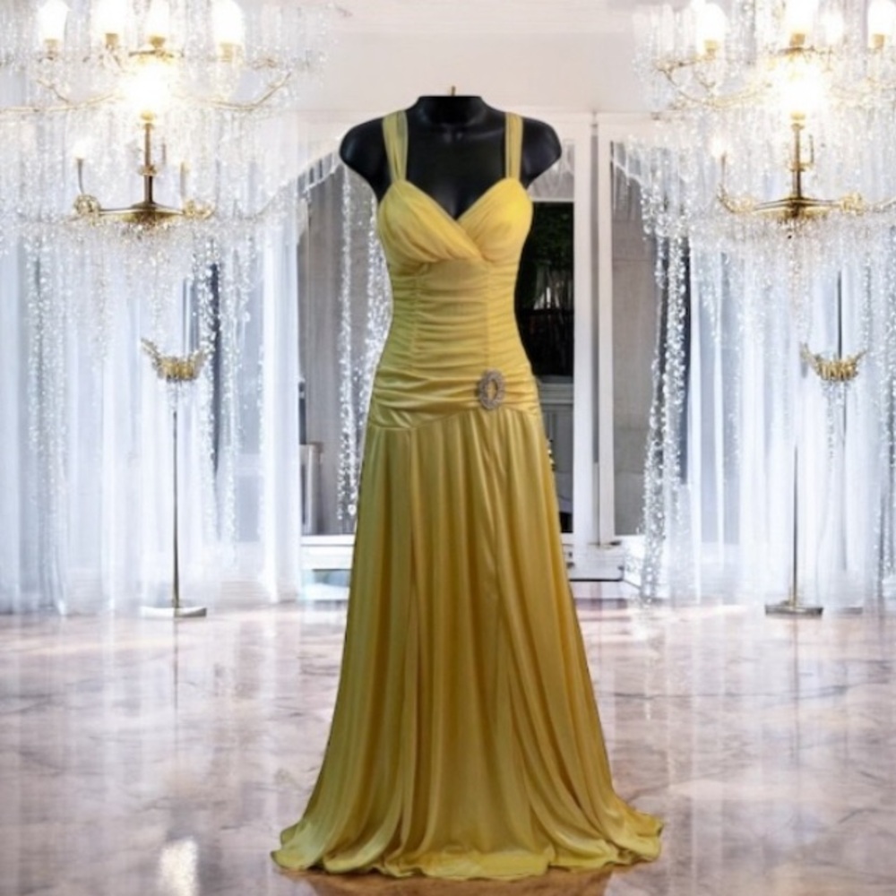Vintage 90s Y2K Long Gown Yellow Silver Rhinestone Bridal Prom Hoco Size Medium